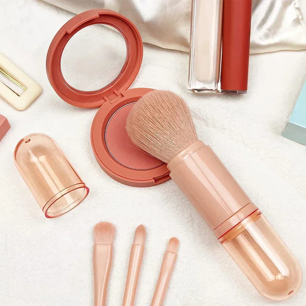 4in1 Travel Makeup Brushes Set Retractable Kabuki Brush and 3 Small Brushes For Eye With Soft Bistles Small Portable For Touchup