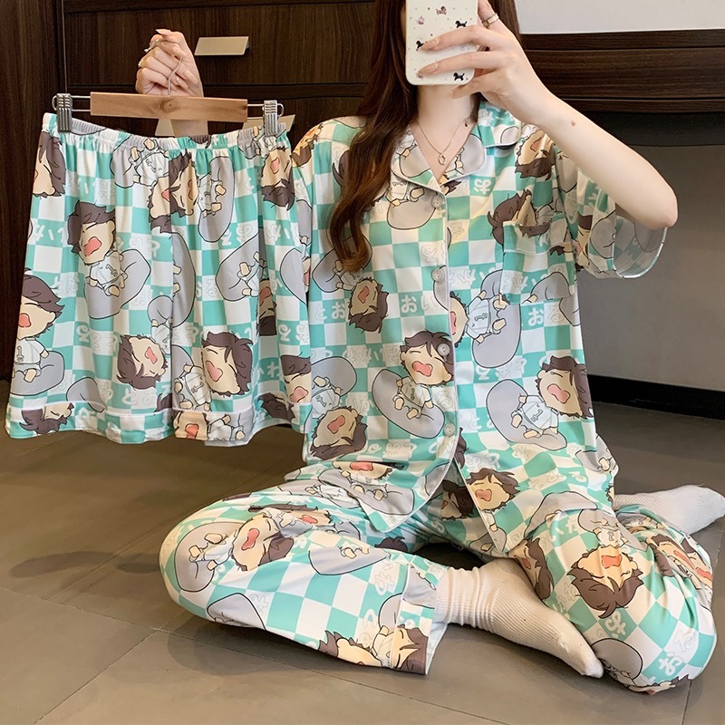Sweet cute cartoon ladies pajamas spring and autumn season new short-sleeved shorts pants lapel girls homewear three-piece set