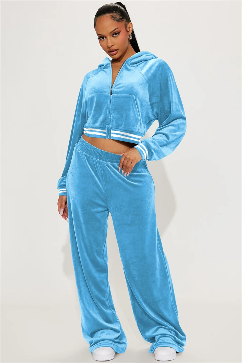 Fashion Two Piece Set for Women Velvet Tracksuit Fall Clothing Zip Crop Top  Flare Pants Suits Sets Velour Sweatsuit Matching Set