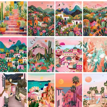 GATYZTORY Pittura a olio fai da te con i numeri Kit Paesaggio rosa Vernice acrilica con i numeri Numeri fai da te Pittura artistica su tela con i numeri 1