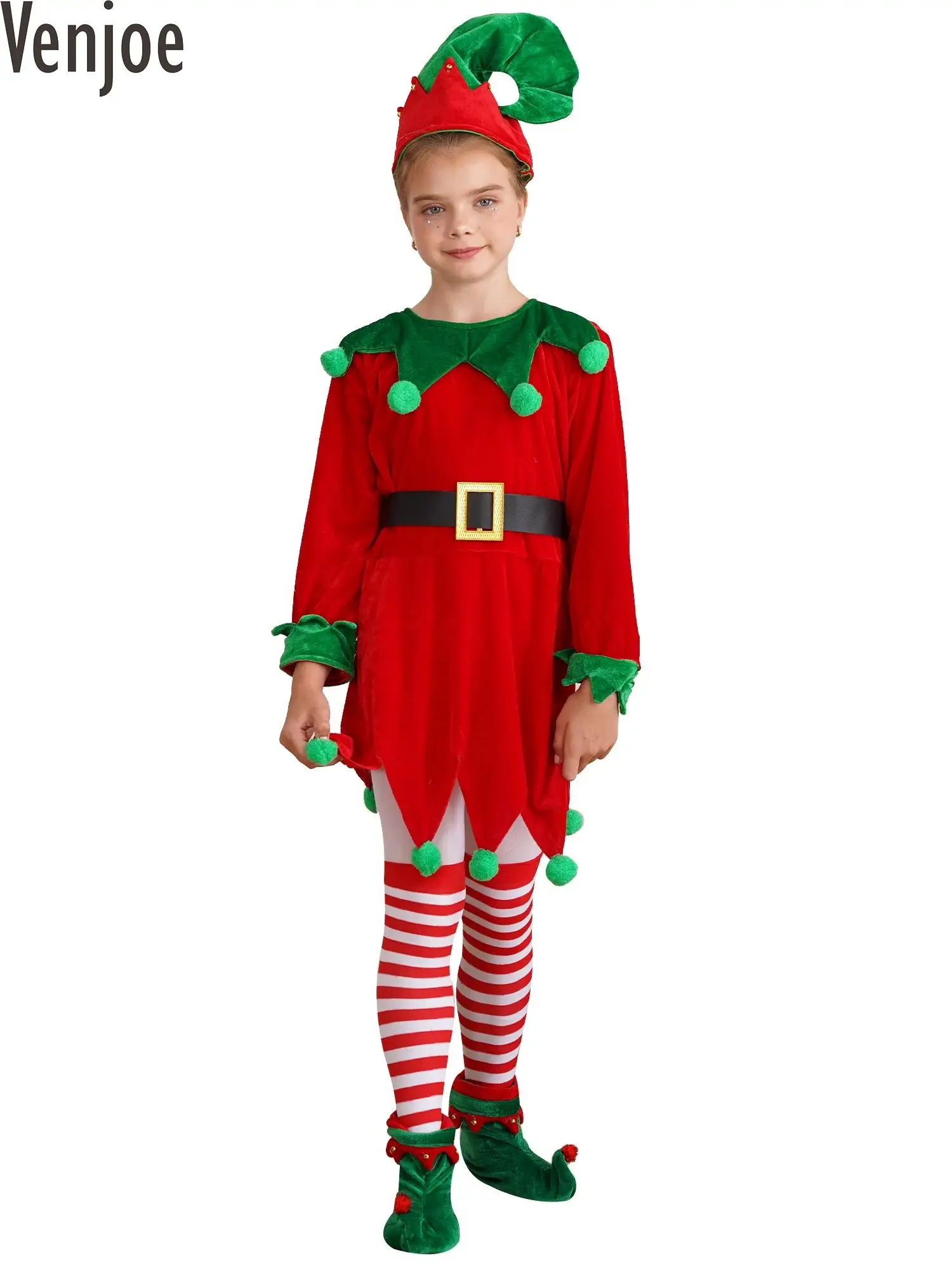 

Children Girls Christmas Elf Costume Set Xmas Dress Up Long Sleeve Jagged Trim Dress Elf Santa Claus Costume New Year Holiday