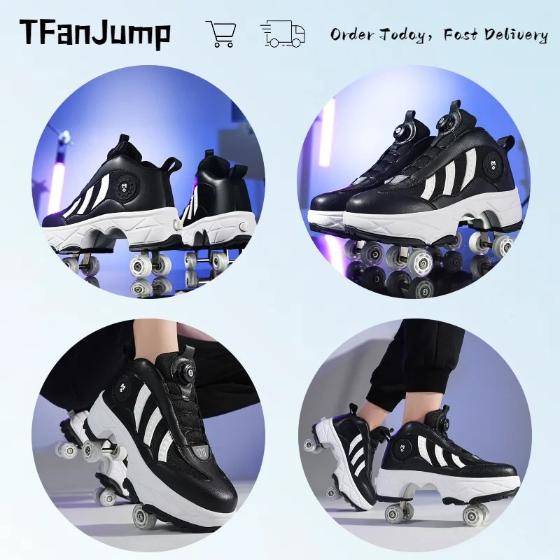 Deformation Roller Skates Shoes Double Row 4-Wheel Skates Roller Shoes with Wheels Dual-Purpose Roller Sneakers Skateboard Shoes