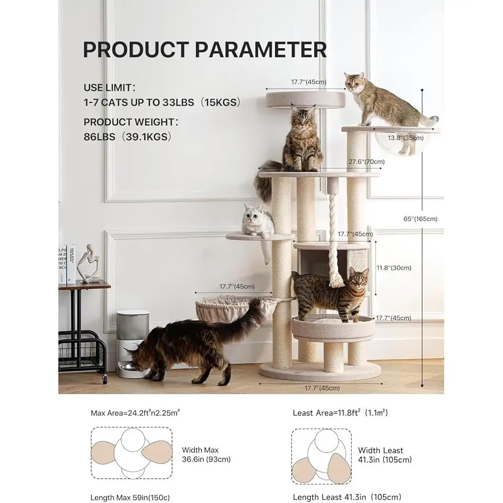 Large Cat Tree Maine Coon Heavy Duty Tower with Spacious Platforms Hammocks Scratching Posts Multi Level Design Indoor Cats