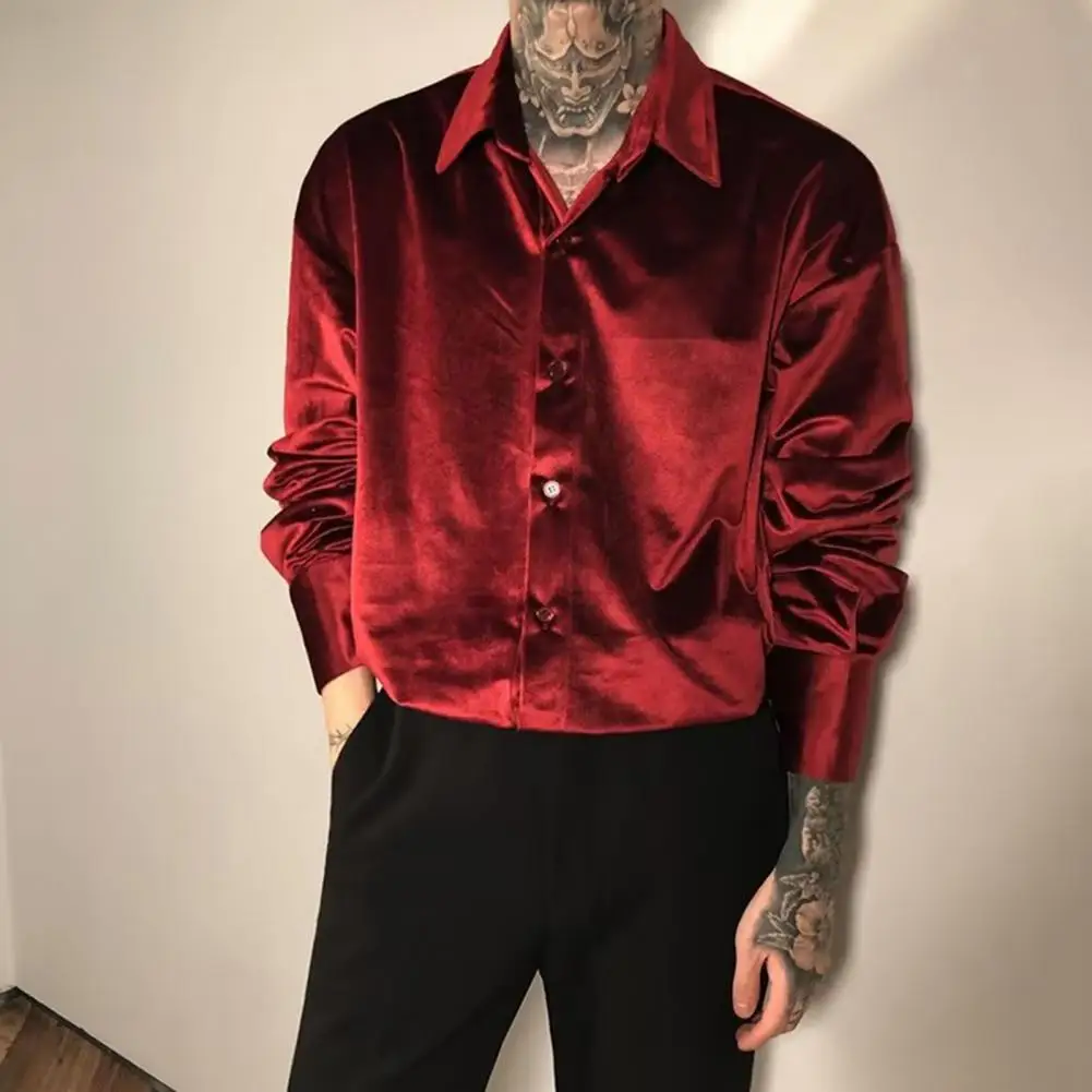

High-quality Men Shirt Stylish Men Shirt Fashionable Men's Classic Solid Color Long Sleeve Shirt with Shiny Lapel Comfortable