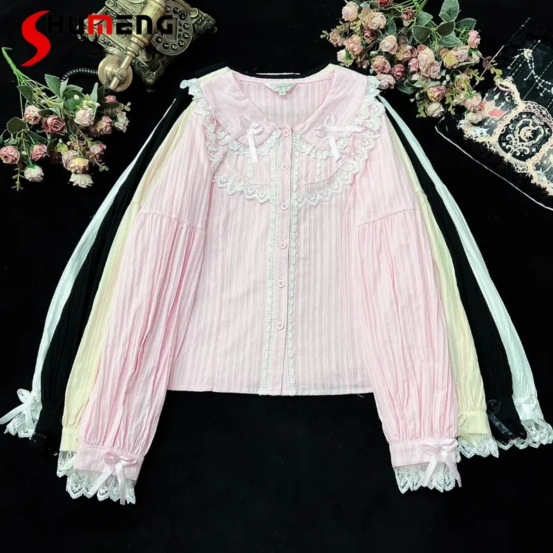 Spring And Autumn Japanese Lolita Long Sleeves Inner Wear Blouse Doll Collar Cute Bow Cotton Shirt All-Match Rojita Sweet Girl new women woolen half finger gloves short false sleeves diamond pattern girl warm fingerless knitted mittens