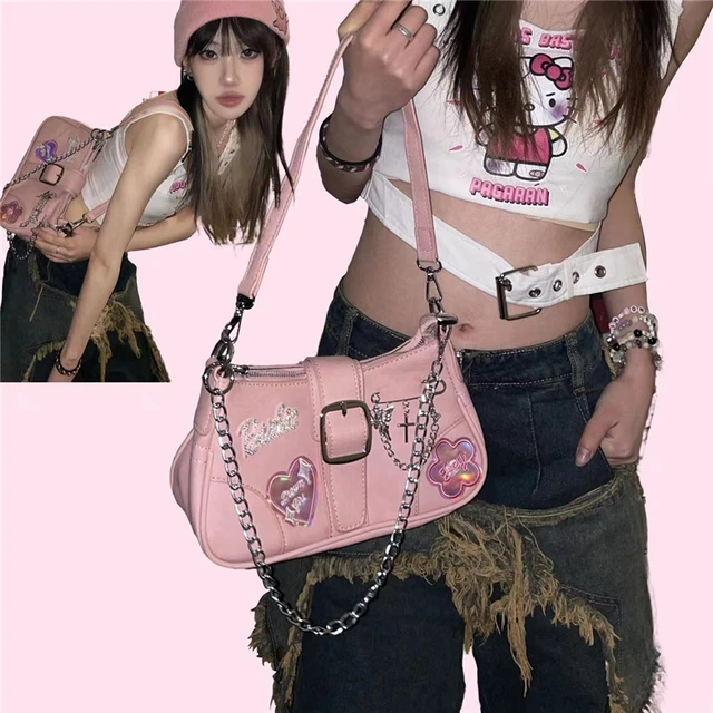 Y2K Vintage Korean Small Chain Shoulder Bag Heart Shaped Purse Handbags  Pink PU Leather Gothic Tote Bags Ladies Crossbody Bags