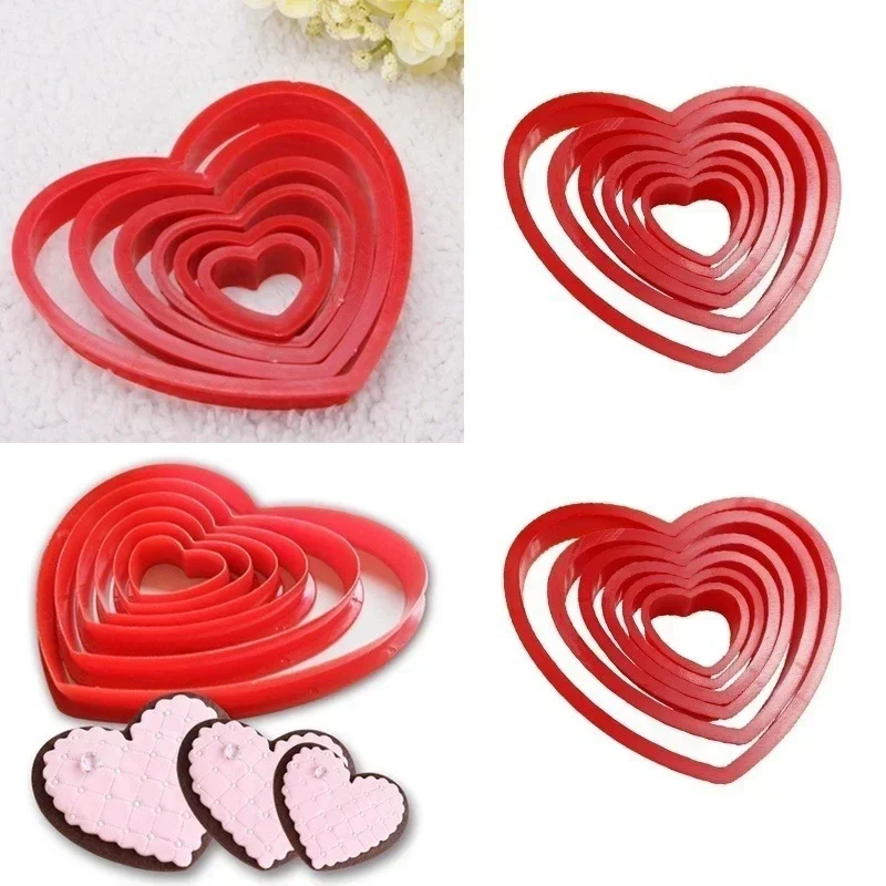 6Pcs Heart Cookie Biscuit Fondant Handmade Mold Cake Cutter Decor Tools Mold Sugar Craft Set Kitchen Plastic Cookies Cutter Mold
