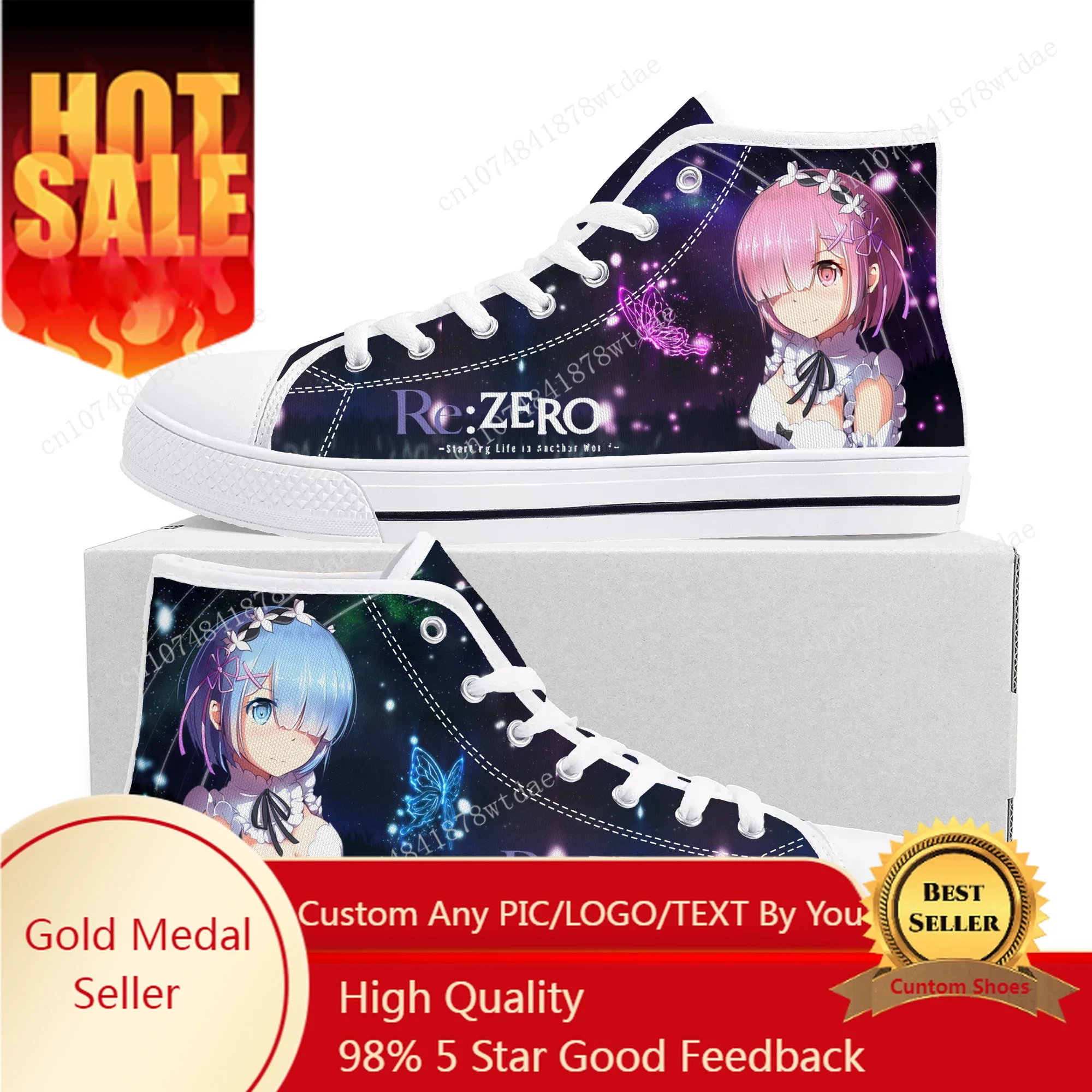 

Rem Ram High Top Sneakers Mens Womens Teenager Re:Zero High Quality Canvas Sneaker Cartoon Comics Manga Couple Customized Shoes