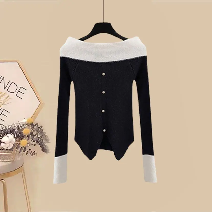 2023 Winter New One Line Neck Long Sleeve Knitted Sweater Casual Wide Leg Pants Two Piece Elegant Women's Pants Set Outfits