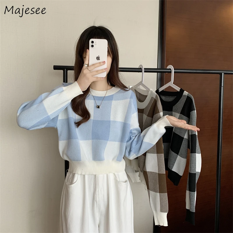 

Cropped Pullovers Women Spring Vintage Plaid Fashion Popular Simple All-match Soft Young Streetwear Свитер Office Female Chic