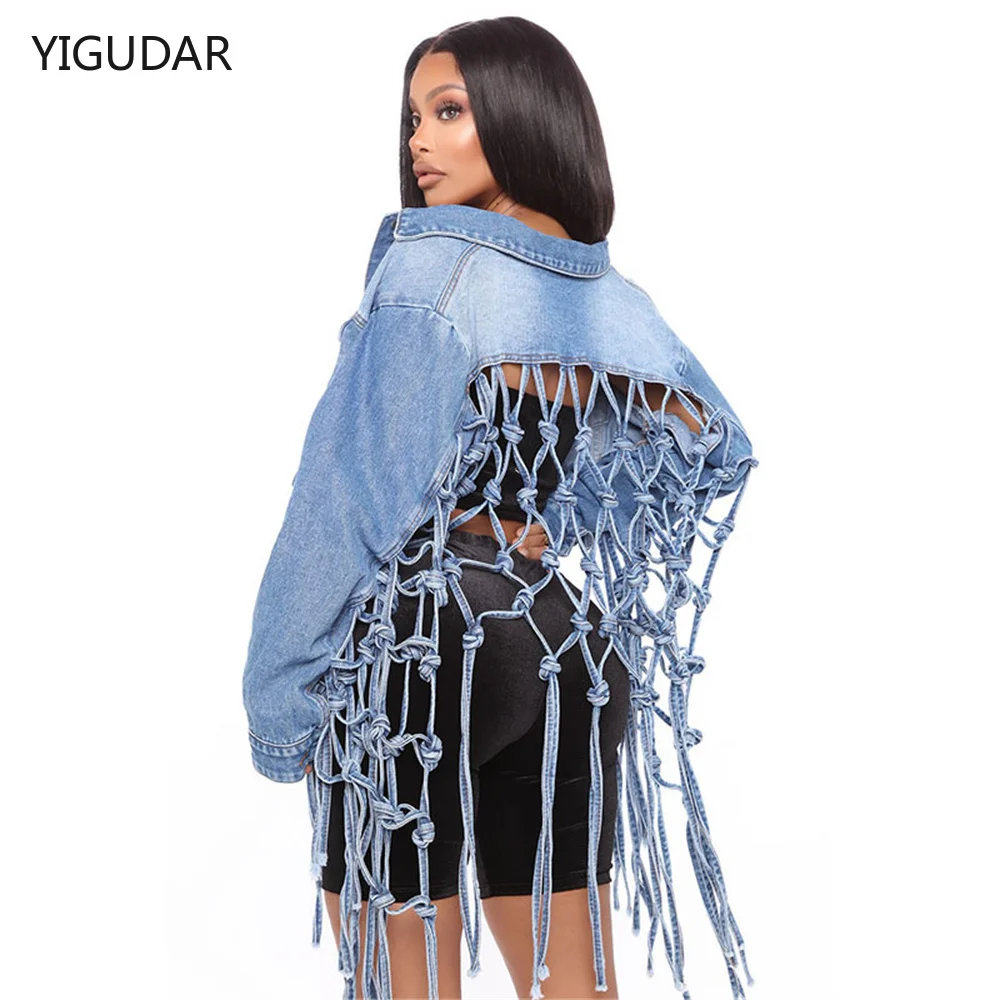 Fringed Denim Jacket Women Spring Autumn Back Grid Tassel Design Split