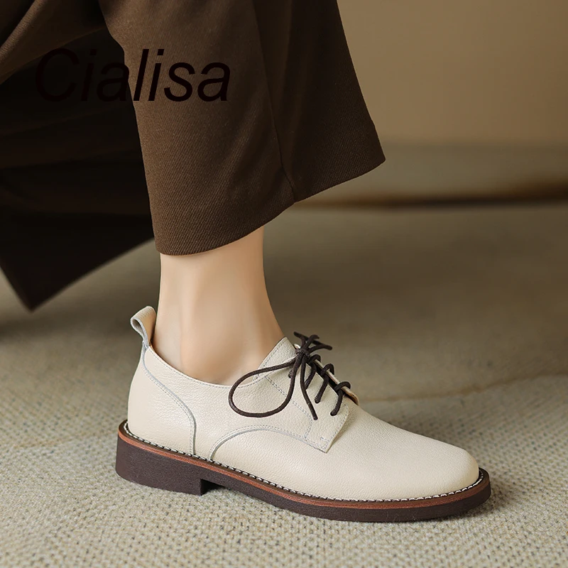 

Cialisa 2023 Autumn Comfortable Falts Round Toe Real Leather Women Shoes New Lace-Up Casual Handmade Concise Footwear For Lady