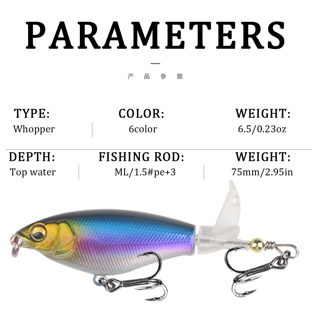 1Pcs Quality Whopper Plopper Wobblers 7.5cm 6.5g Topwater Popper Fishing Lure Hard Bait Rotating Soft Tail Fishing Tackle 3