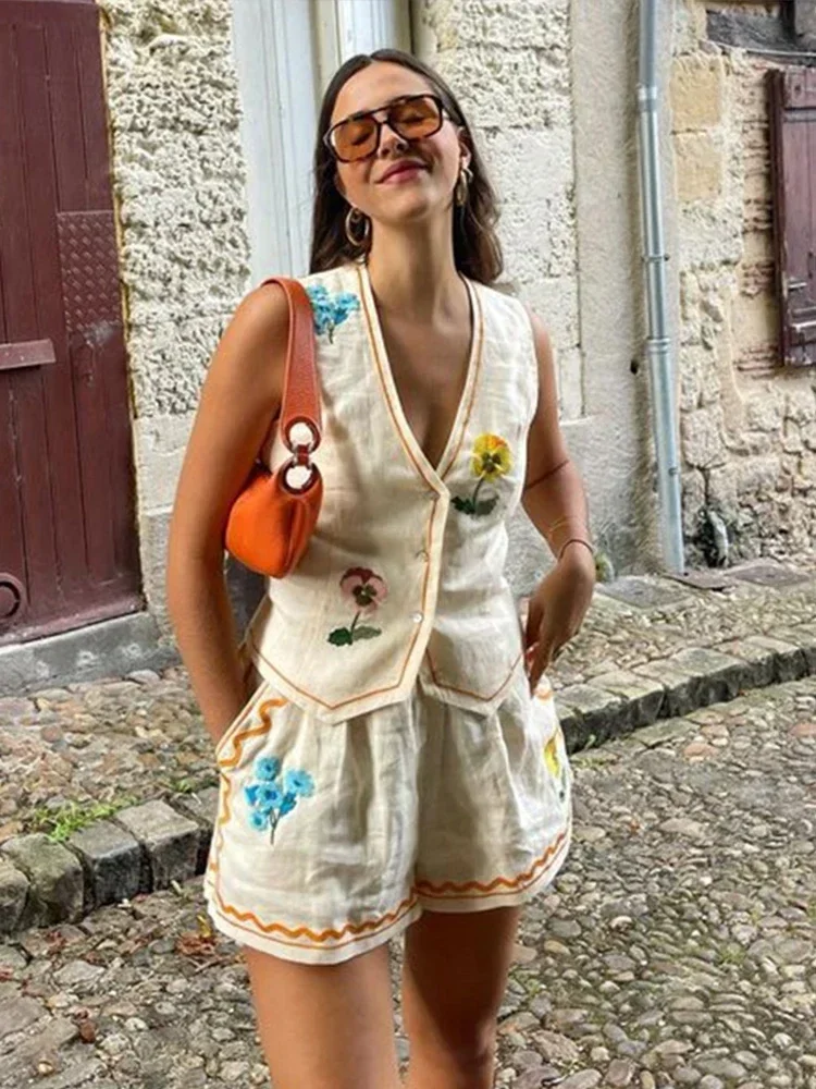 2024 New Conjunto De Pantalones Cortos Bordados Para Mujer, Traje De 2 Piezas Sin Mangas Con Botones, Chaleco Y Pantalón Corto,