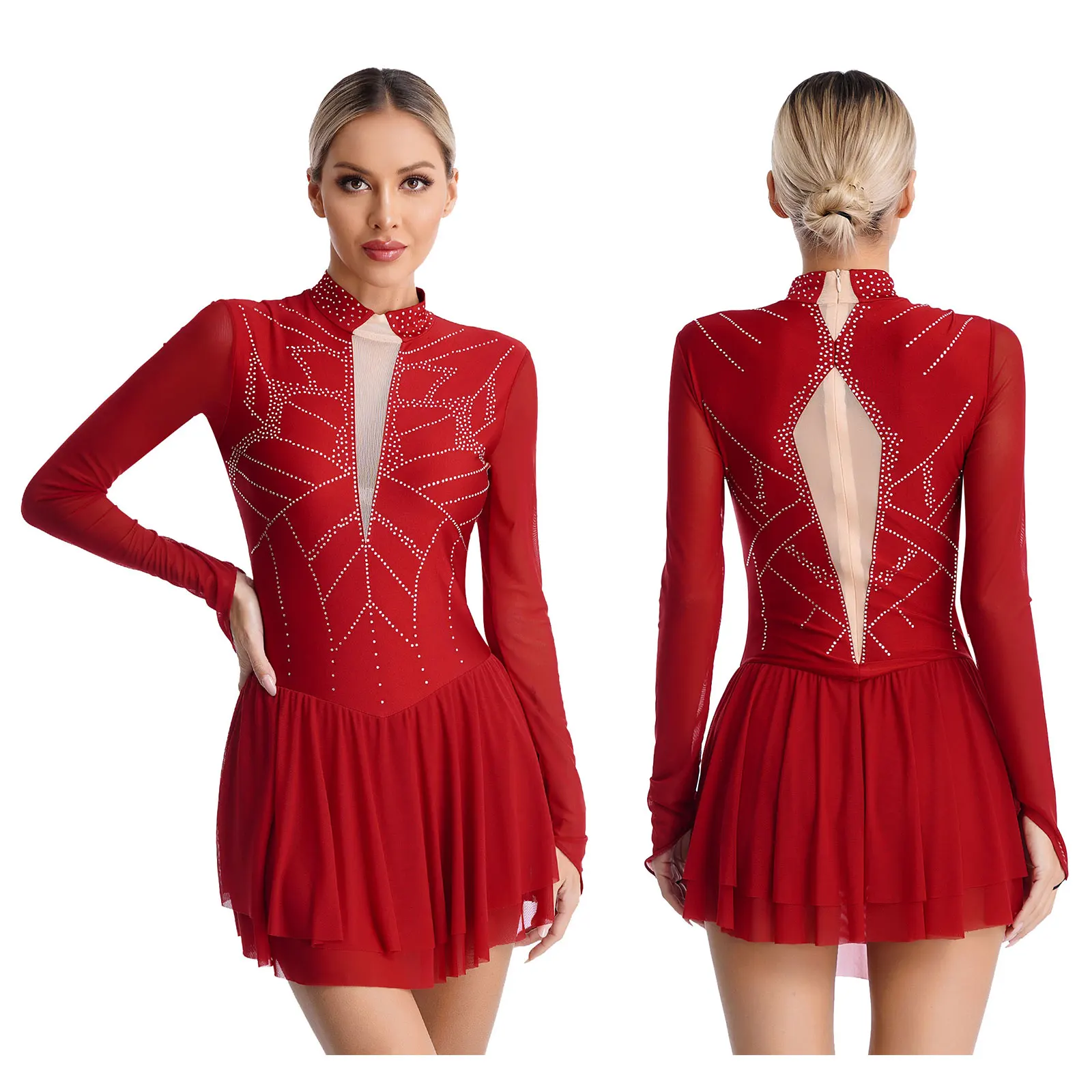 thumbnail image 1 of Vestido de baile lírico de Ballet para mujer, traje de patinaje artístico con diamantes de imitación brillantes, cuello simulado, malla transparente, vestido de baile moderno de manga larga, 1 of 5