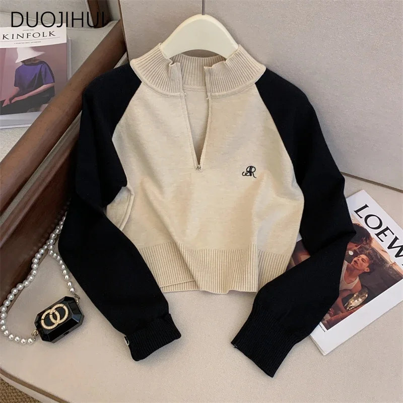 

DUOJIHUI Preppy Style Chic Contrast Color Female Hoodies Basic Loose Simple Casual Fashion Zipper Knitting Sweater Women Hoodies