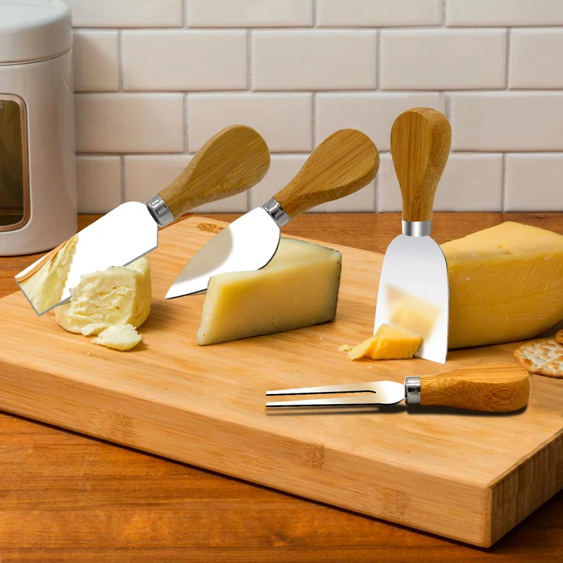 

4 Cheese Knives Set Cheese Cutlery Steel Stainless Cheese Slicer Cutter Wood Handle Mini Knife Butter Knife Spatula Fork