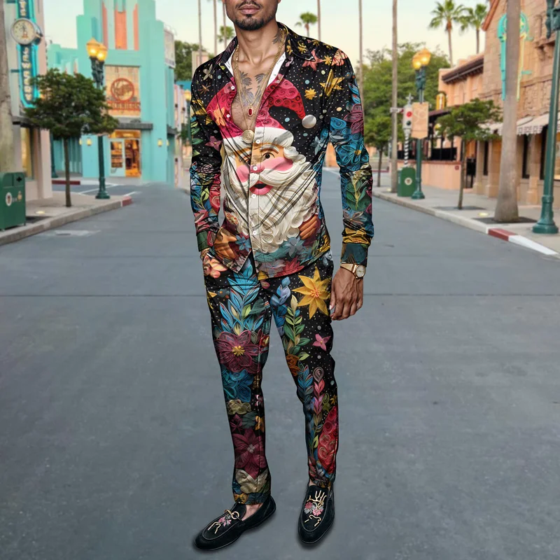 2025 Spring Summer Men Shirt Set Christmas Print Fashion Gingerbread Man Two Piece Set Mens Snowman Lightweight Party Long Sleev_voghion.com