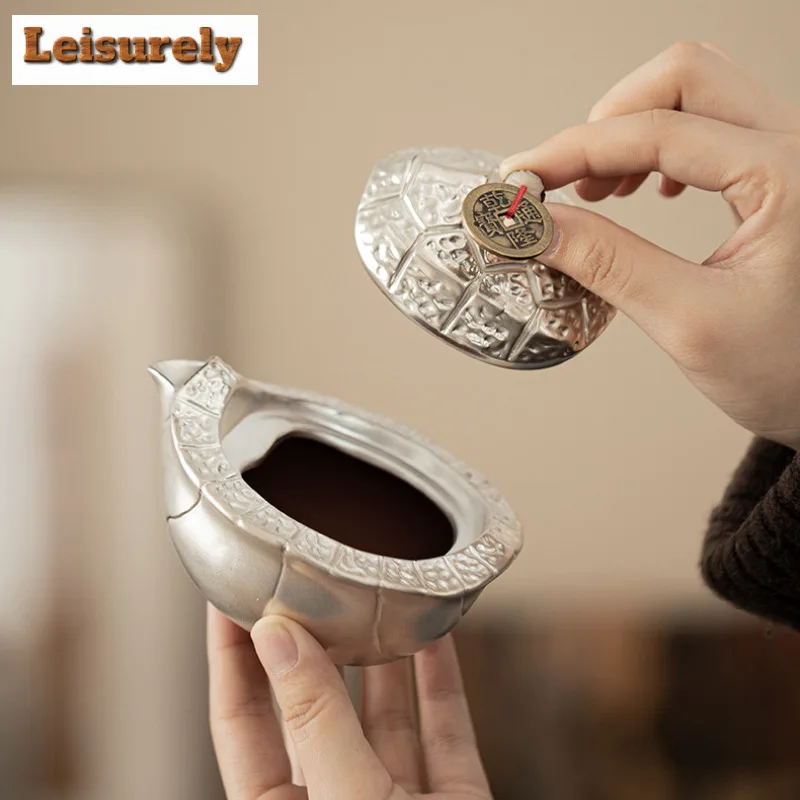 150ml Handmade Gilt Silver Fortune Turtle Hand Grab Teapot Aesthetic Tea Infuser Pot Tea Soaking Kettle With Filter Teaset Gift