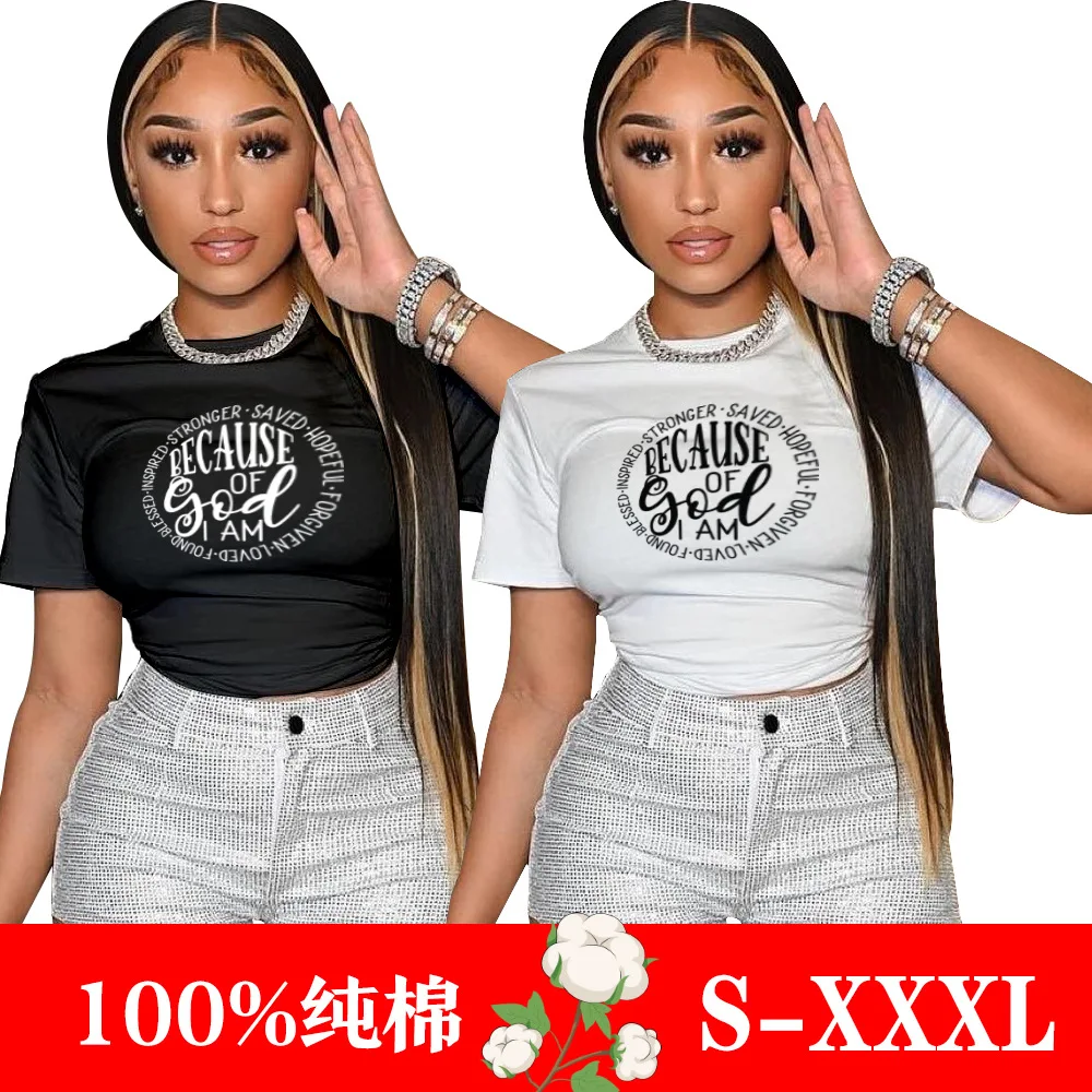 

Because of God I Am Motivational Graphic T Shirts for Women Summer Fashion Cotton Tshirt Christian Vintage Clothes Church Tops