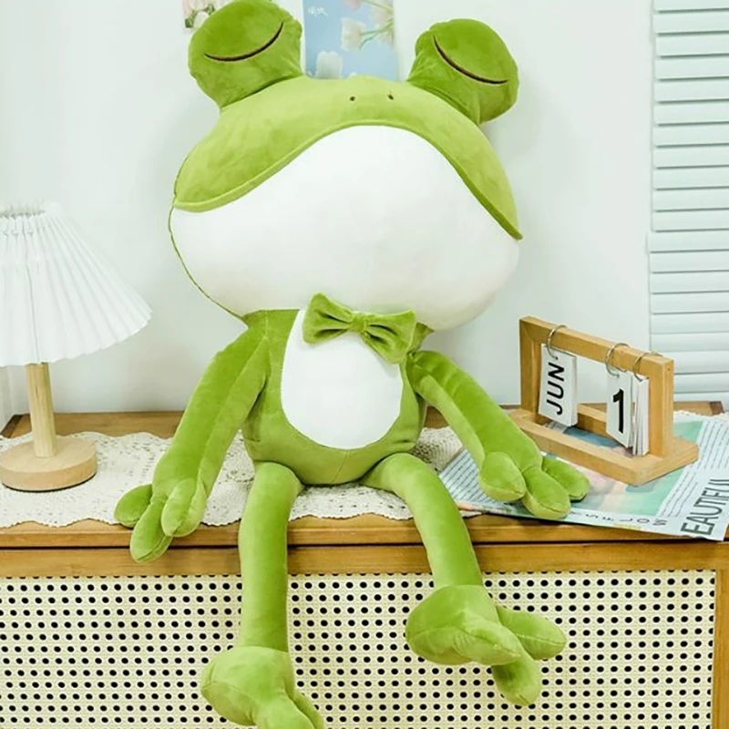 

1Pcs 38CM Fun Lovely Green Bow Squinting Eye Frog Doll Cute Sleeping Frog Plush Toy Bed Soothing Rag Doll Children Birthday Gift