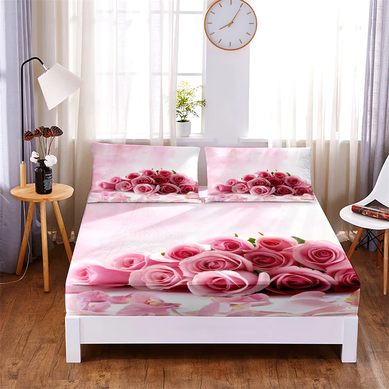 3pc Polyester Flowers, Pink Roses Bedding Fitted Sheet Mattress Cover
