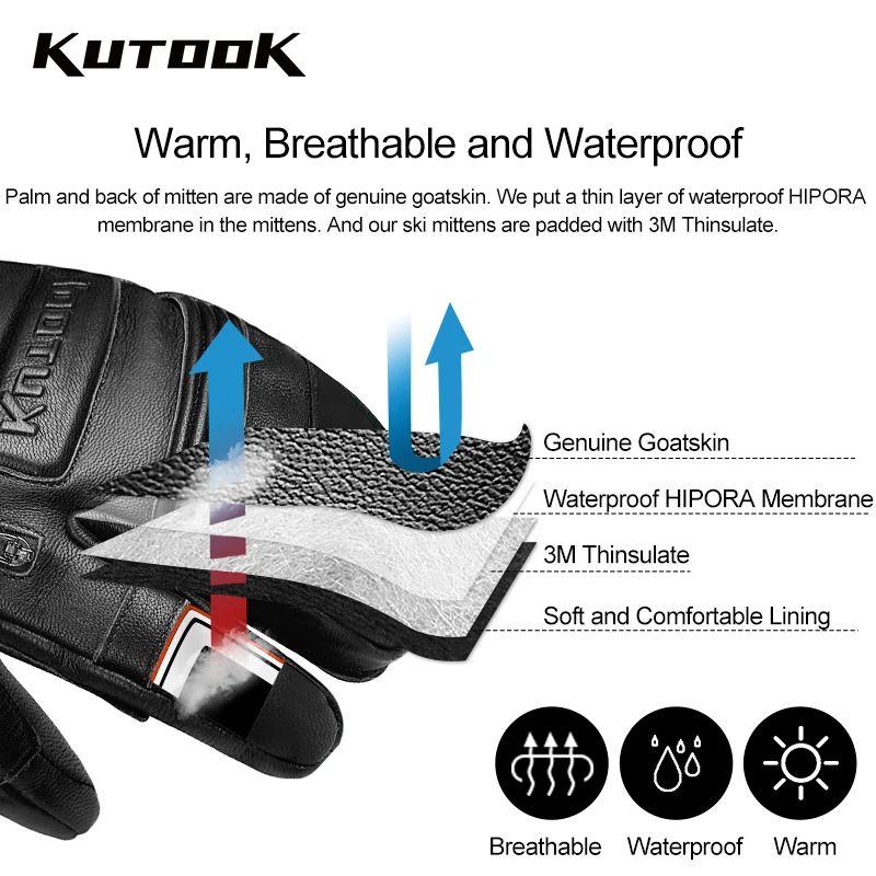 KUTOOK Outdoor Skiing Gloves Goatskin Leather Mittens Waterproof thicken Snowboard Gloves Thermal Warm Ski Gloves for Men Women 2