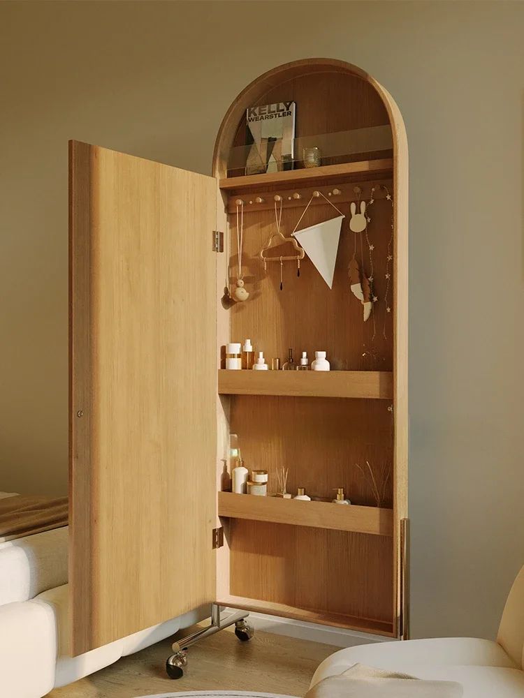 

Retro Full-Length Mirror Household Movable Floor Mirror Multi-Functional Solid Wood Mirror Cabinet Light Luxury Creative Storage