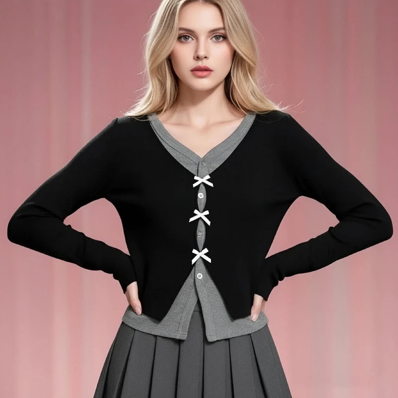 New Women's Fake Two-piece Bow Decorative Long-sleeved T-shirt Retro Casual Single-breasted Top