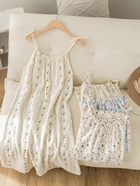 Summer Thin Cotton Nightgown Women's Dry Gauze Strap Spwear Midi Floral Print Cute Sle Home Clothes Outerwear