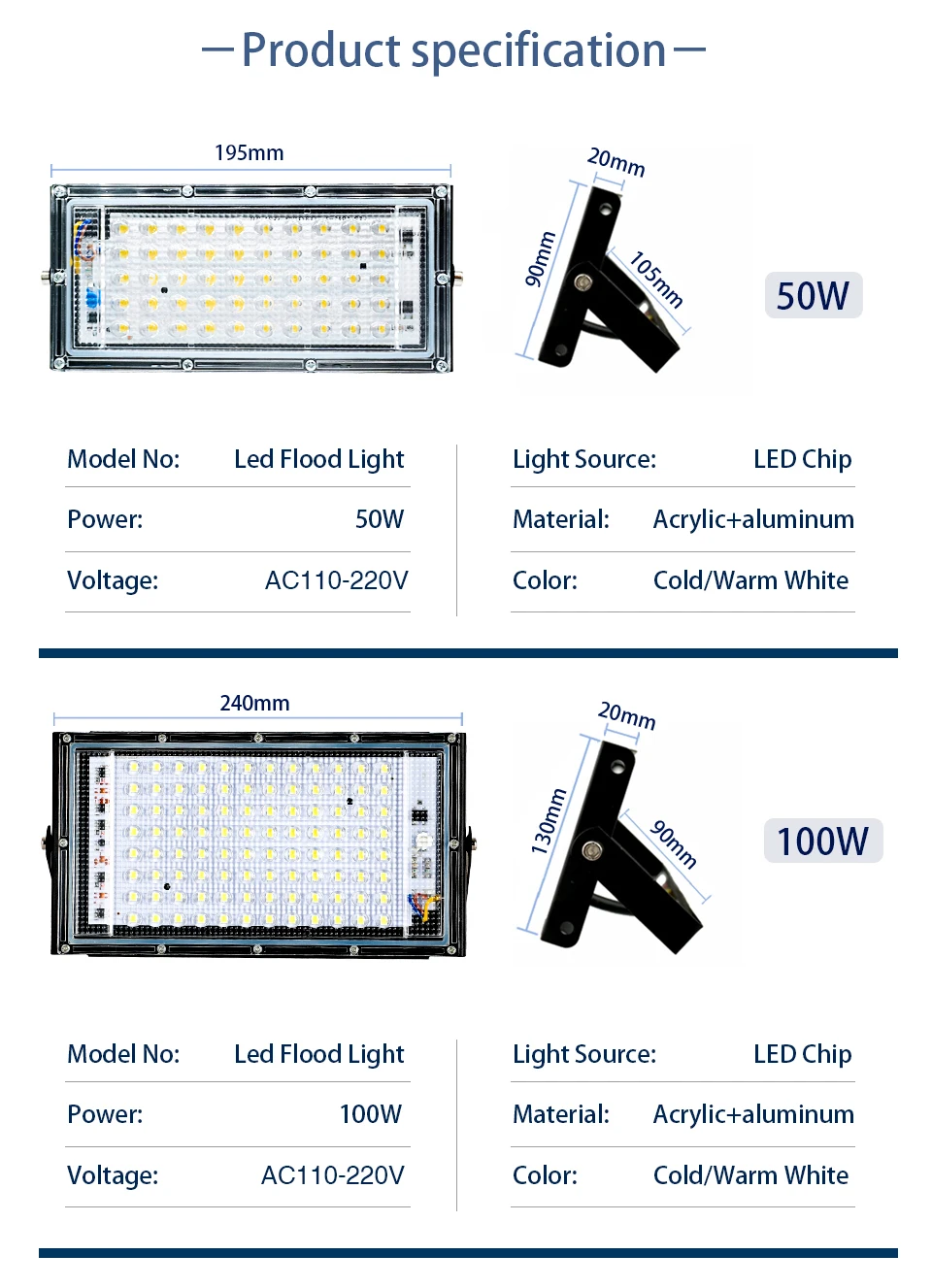 Description Picture 3 of itemLed Floodlight 50W 100W AC 110V 220V Outdoor Flood Light Street Lamp Projector Exterior IP65 Waterproof Led Spotlight for Garden