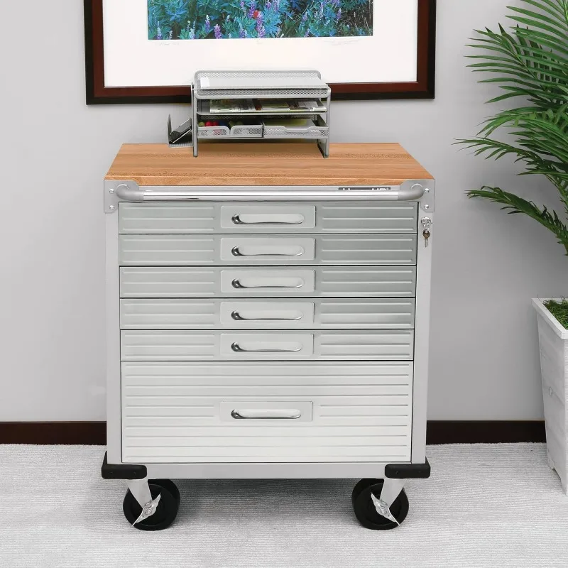 Seville Classics UltraHD Heavy Duty Rolling Cabinet Workbench Table w/Solid Wood Top, Workstation Garage,Office,Workshop,Granite 4