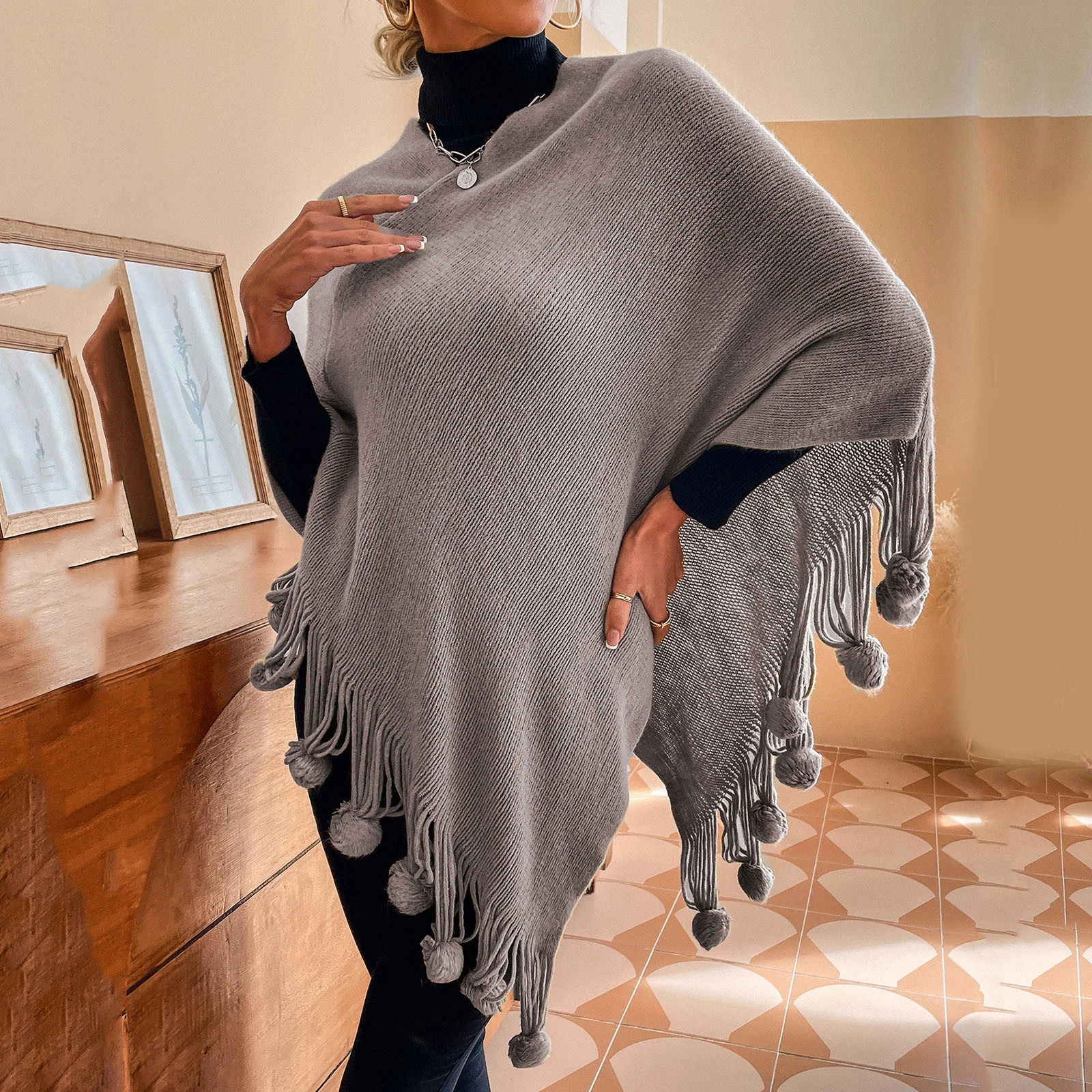 Scarf With Arm Holes Womens Solid Color Frayed Pullover Fringed Shawl