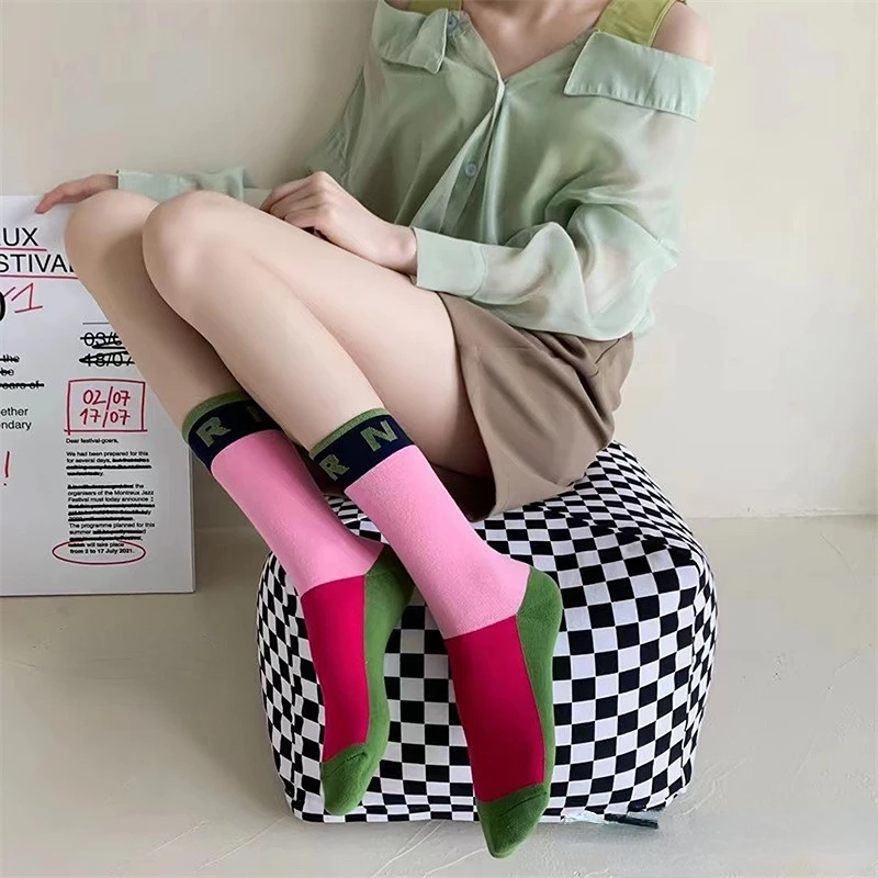 Womens socks Spring and Summer Fashion Socks Children's Personality Simple Rib Letter Lovely Colored Women's Cotton Medium Socks