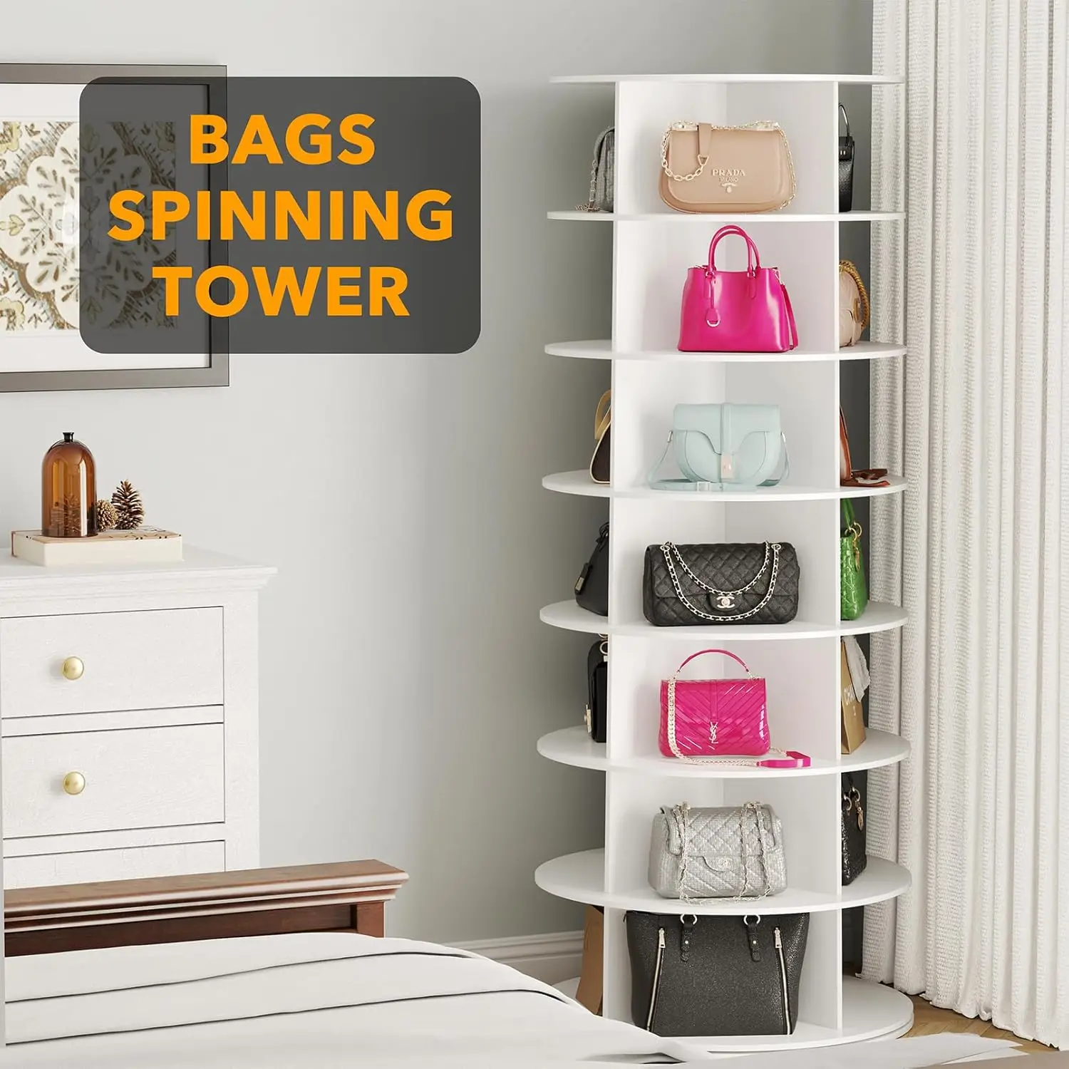 7 Tier Rotating Shoe Rack Tower Spinning Shoe Display Lazy Susan, Revolving 360 Rack Storage Round Carousel White