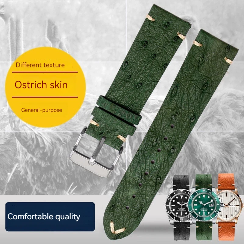 

Ultra-Thin Ostrich Leather Watchband 18MM 20MM 22MM Green Black Men's and women's Soft Strap Vintage Style Leather Bracelet