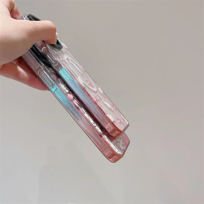 Pink Gradient Transparent Border Dog Cat Rabbit Graffiti iPhone 13 14 15 Pro Max Case - Protective iPhone Case
