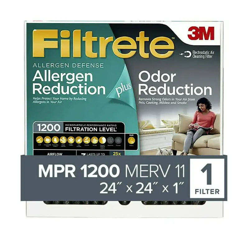 

3M, 24x24x1, MERV 11, Allergen Plus Odor Reduction HVAC Furnace Air Filter, Captures Pet Dander, Pollen and Traps Odors, 1200 MP