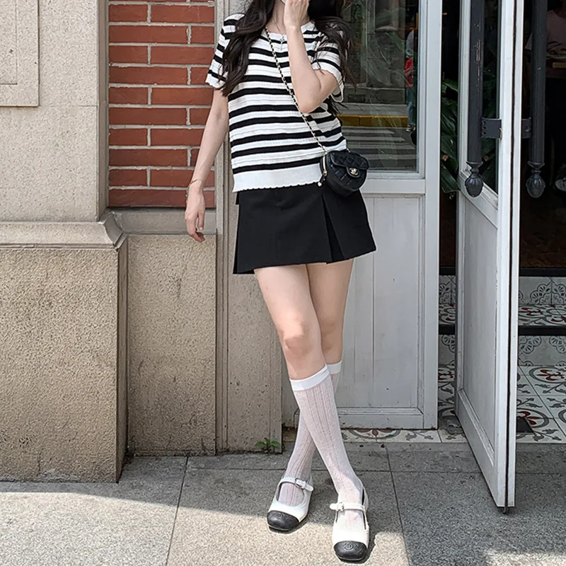 

2024 New Summer Elegant Fashion Korean Style Retro Loose Casual Office Lady T-shirts for Women Striped Knitting O Neck Chic Tops
