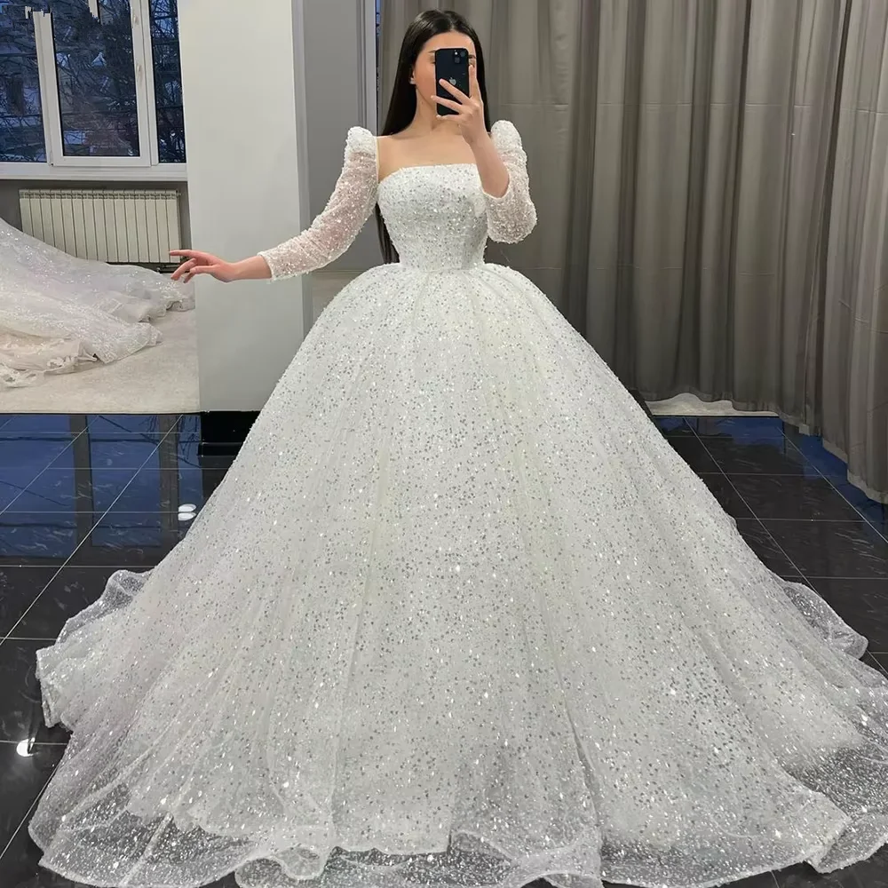 Long Wedding Dress A Line Shiny Glitter Tulle Bride Dresses Floor Length Vestido de novia