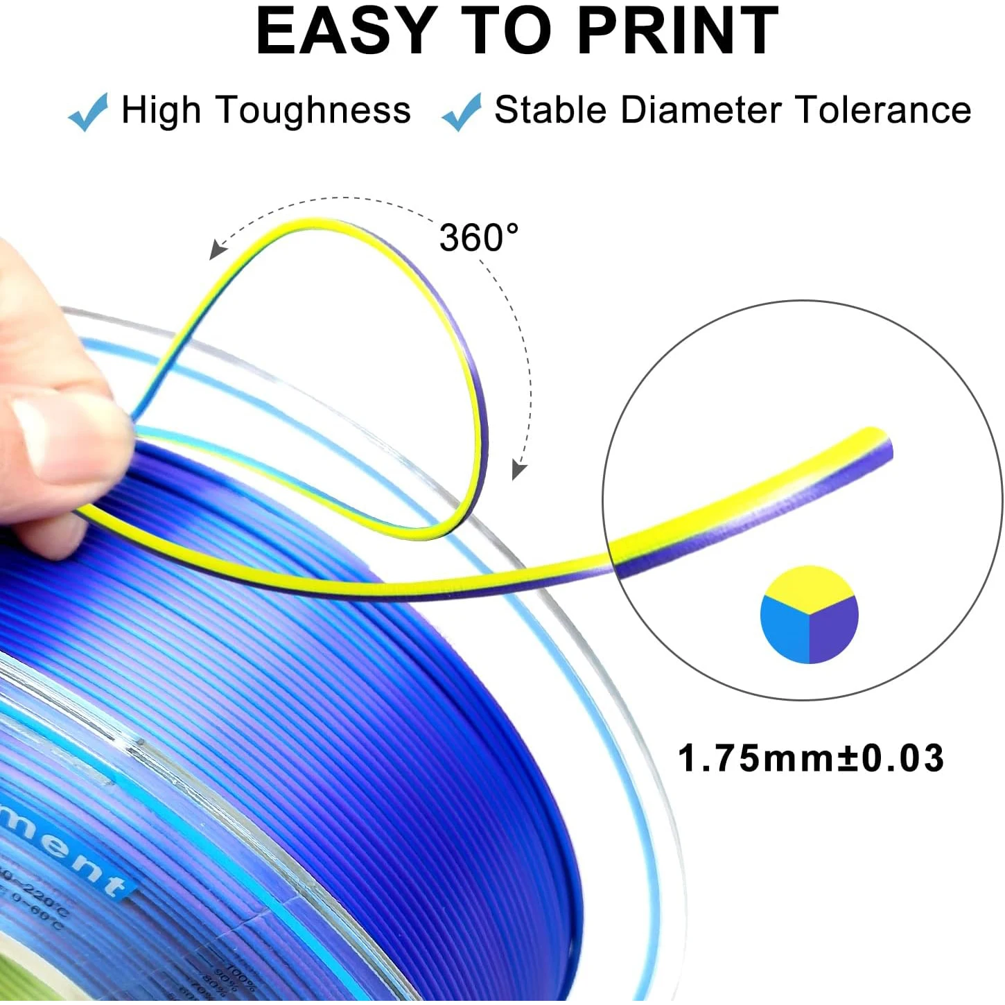Silk Shiny Blue Purple and Yellow 3D Printer Filament, Comgrow 3D Printing Materials Silk PLA 1.75mm,+/-0.02mm - 2