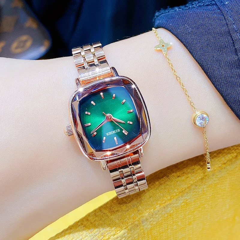 

Switzerland Binger For Woman Watch Japan Miyota Quartz Retro Green Dial Zircon Bling Diamond Relogios Feminino Zegarek Damski