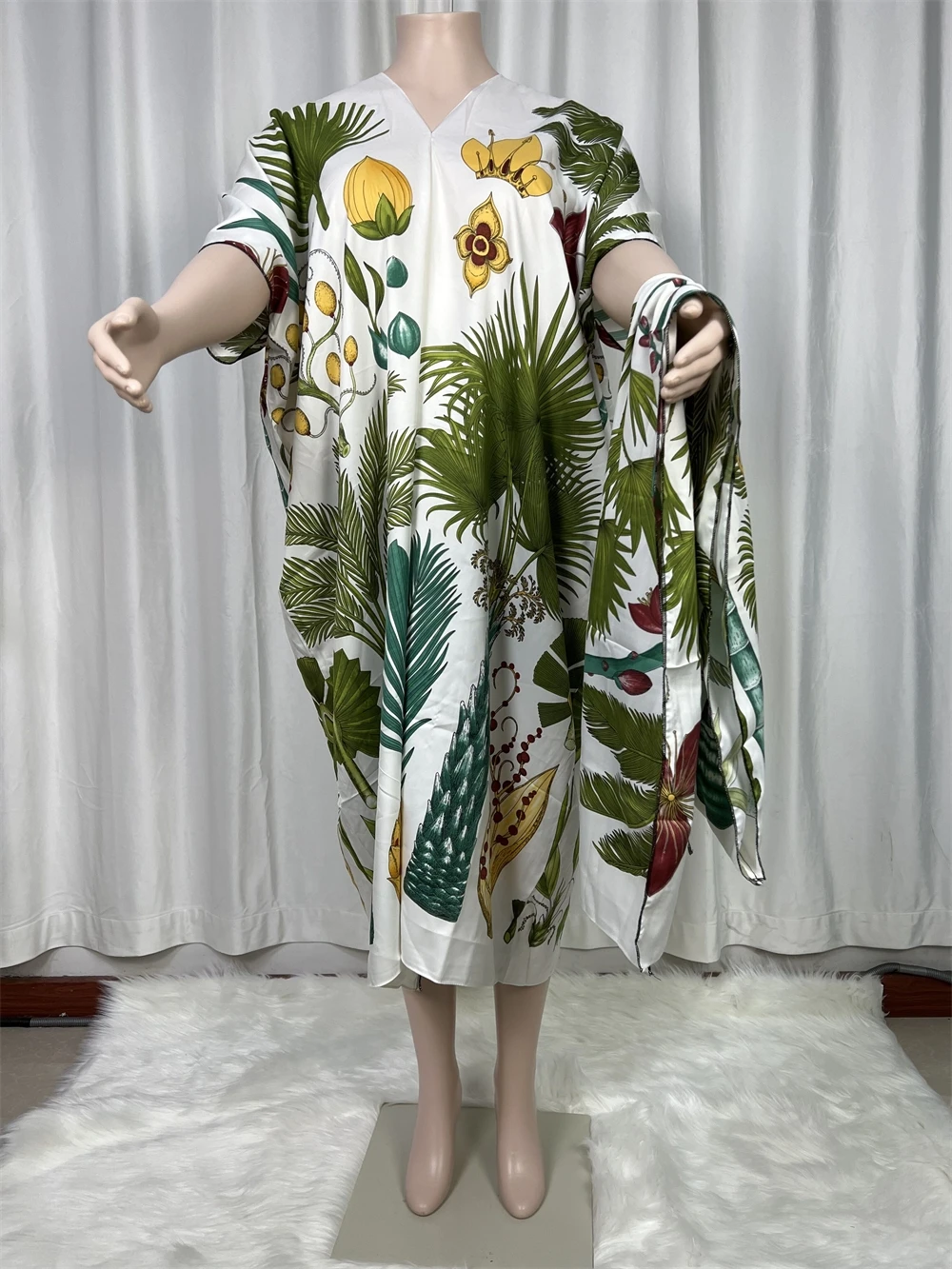 

2024New Saudi Arabian Silk Maxi Dress Summer Beach Bohemian Robe African Kaftan Swimwear Batwing Scarf Headband Short Sleeve