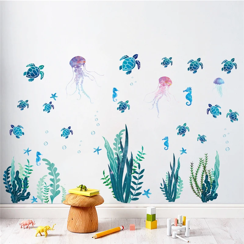 Underwater World Turtle Coral Fish School Creative Personalized Home Decoration Living Room Background Wall Sticker 28.5x90cm