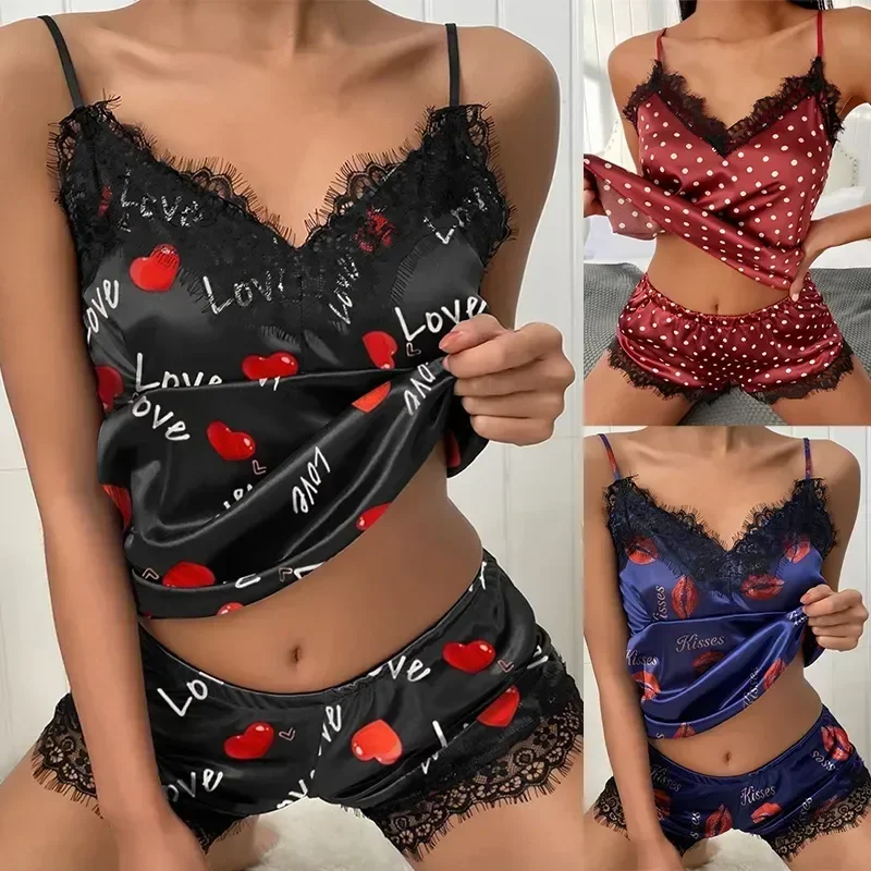 

Silk Print Women's Lips Fashion Comfortable Piece Lace Pajamas Dot Heart Neck Elegant Set Two Love Kawaii Homewear