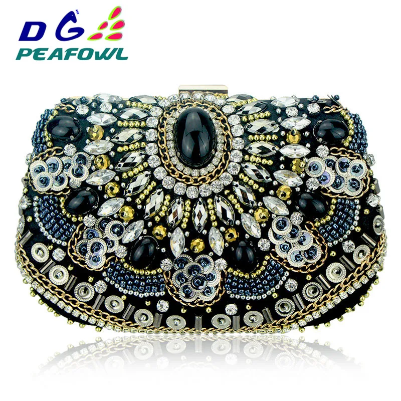 

Vintage Embroidery Wedding Evening Bags One Side Diamonds Purse Women Handbags Beaded Chain Accessory Metal Day Clutches Party