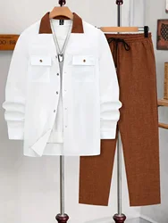 Men's Plus Size Textured Lapel Shirt & Oversized Pants Set - XXXL (WHITE)