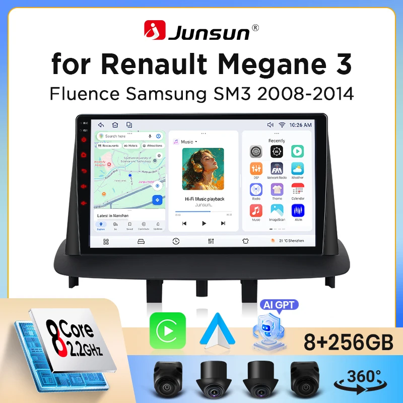 Radio para coche Junsun con CarPlay inalámbrico y Android Auto para Renault Megane 3 / Fluence 2008-2016, ventilador de refrigeración integrado, navegación GPS Android, reproductor multimedia, WiFi, DSP, RDS, BT, SWC, pantalla táctil IPS, autorradio, reproductor de vídeo, unidad principal estéreo 1