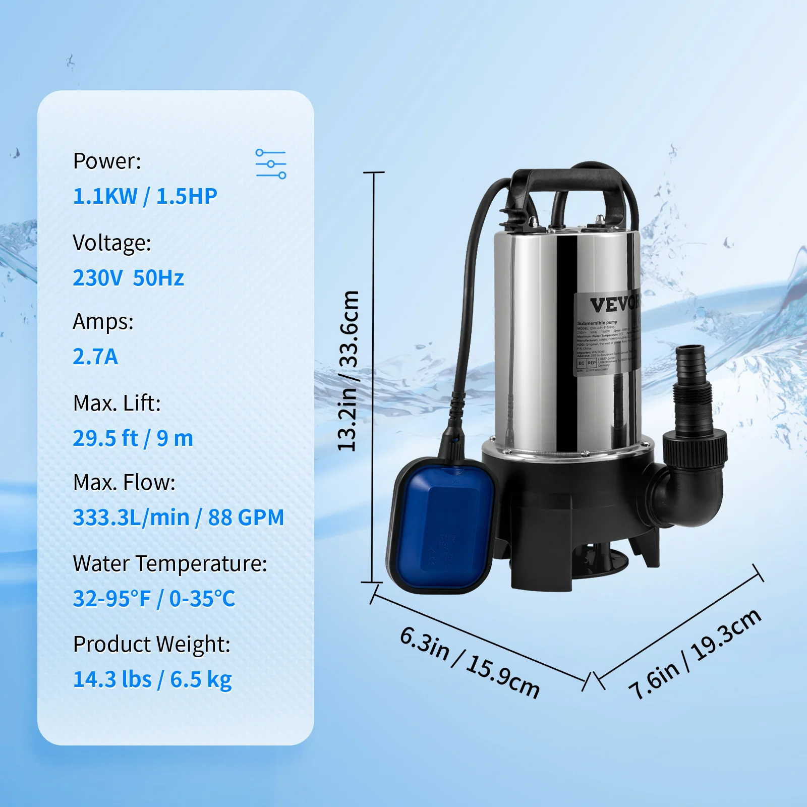 VEVOR Pompe à eaux usées, 3/4 HP 5880 GPH 1050 W, éjecteur submersible en  fonte