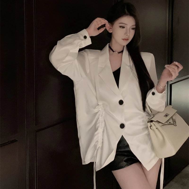 여성용 짧은 드로스트링 플리츠 세트 재킷, 레트로 캐주얼 루즈 단색 플리츠 세트 재킷, 유럽 아메리칸 스타일, 가을
